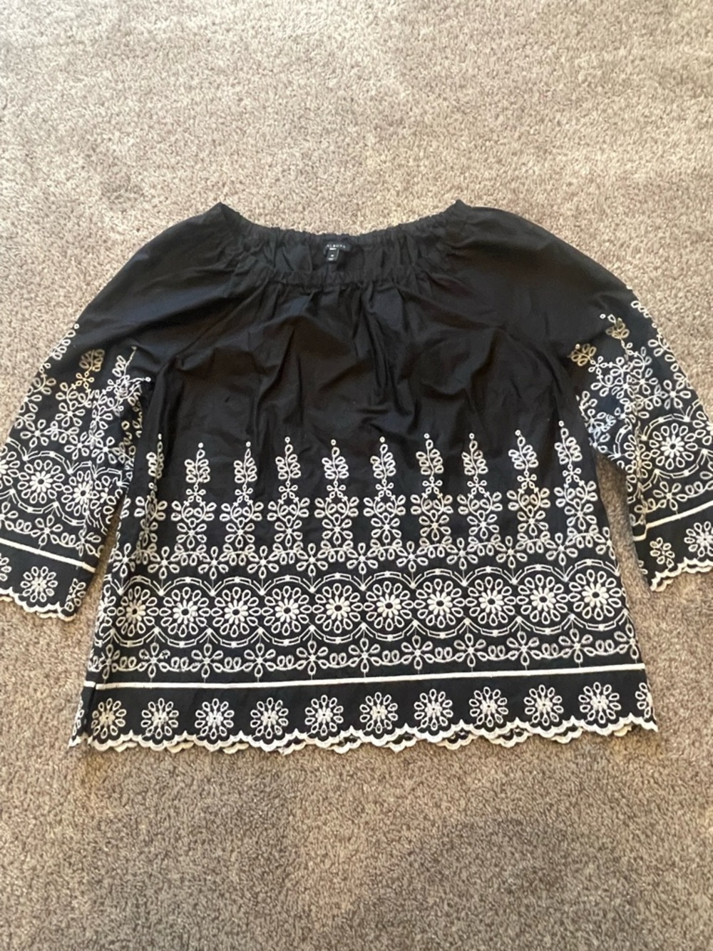 Talbots Black White Embroidered Eyelet Peasant Blouse Size Medium